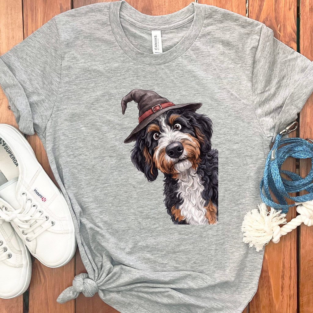 Peeking Witch Bernedoodle T-Shirt in Athletic Heather / S by Puppy Jo