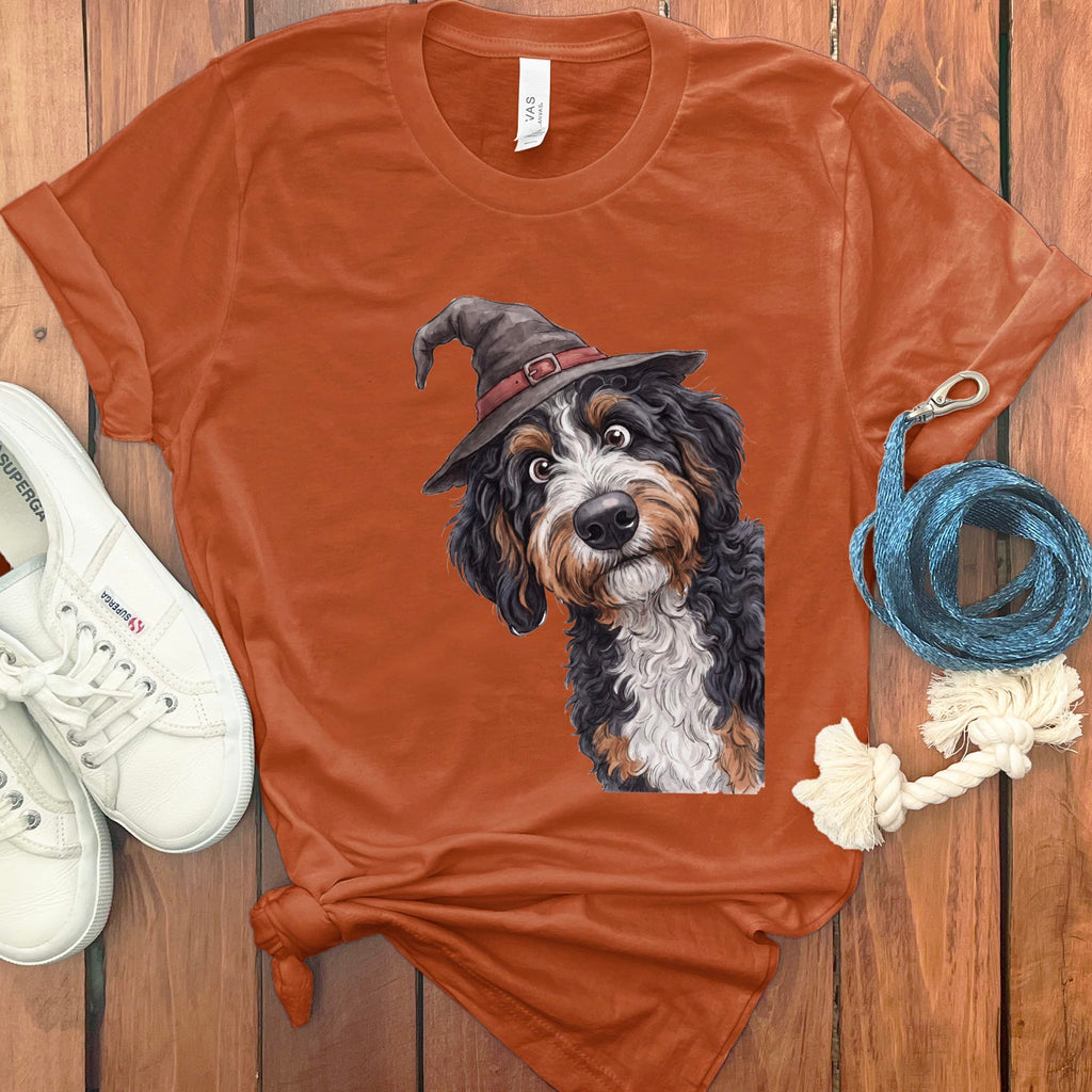 Peeking Witch Bernedoodle T-Shirt in Autumn / S by Puppy Jo