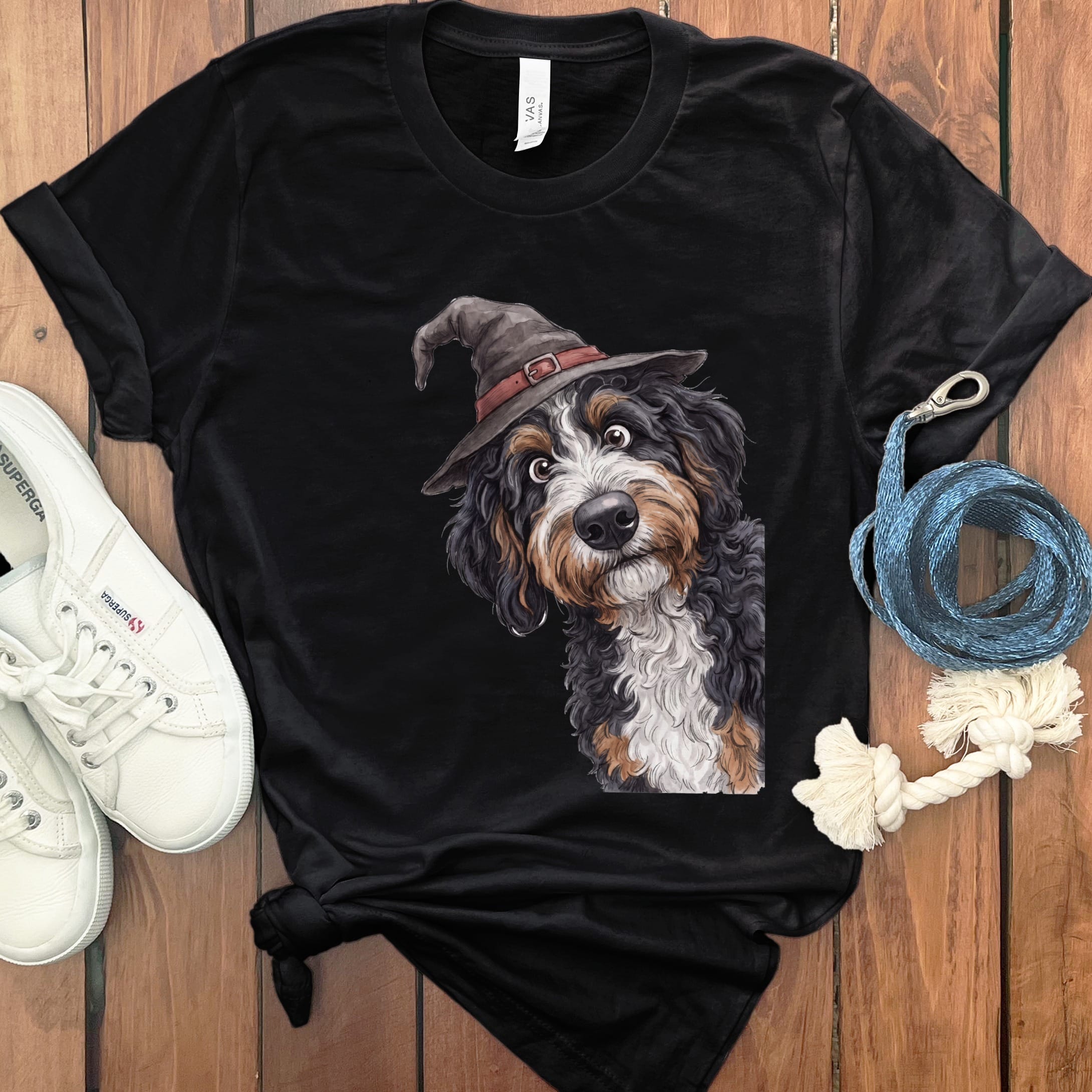 Peeking Witch Bernedoodle T-Shirt in Black / S by Puppy Jo