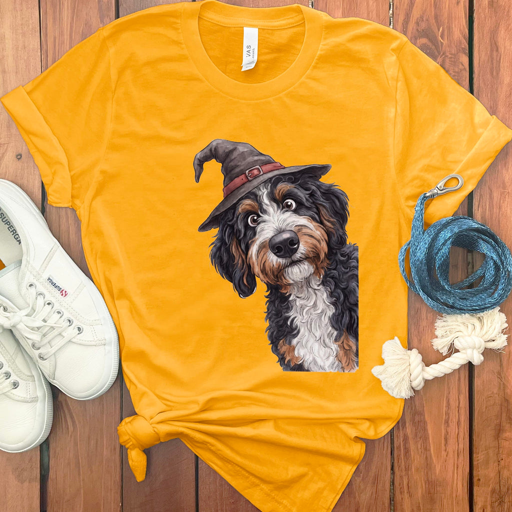 Peeking Witch Bernedoodle T-Shirt in Gold / S by Puppy Jo
