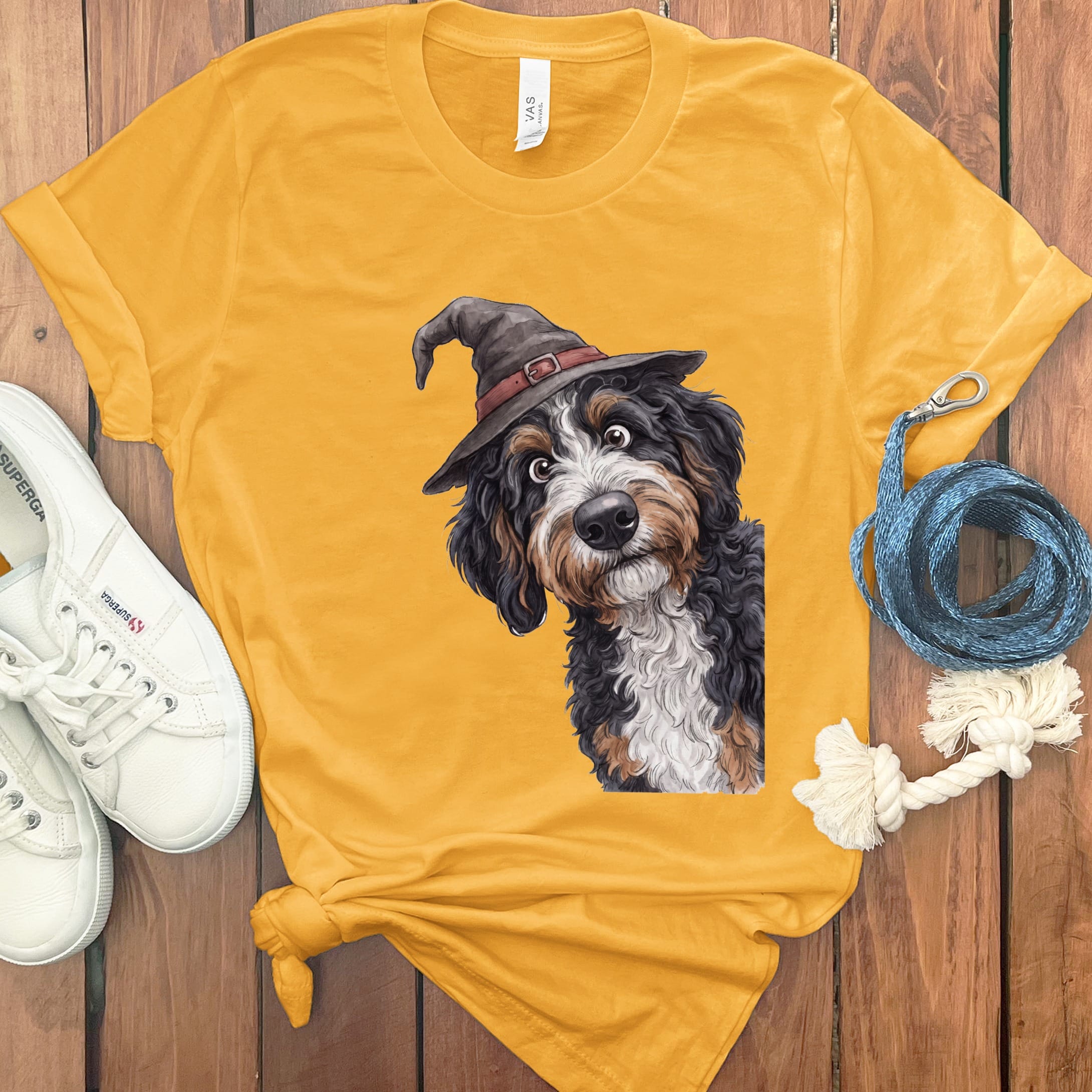 Peeking Witch Bernedoodle T-Shirt in Gold / S by Puppy Jo