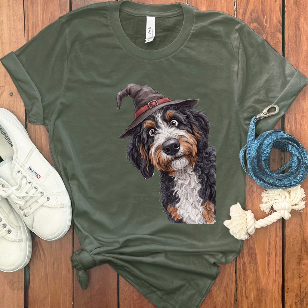 Peeking Witch Bernedoodle T-Shirt in Military Green / S by Puppy Jo
