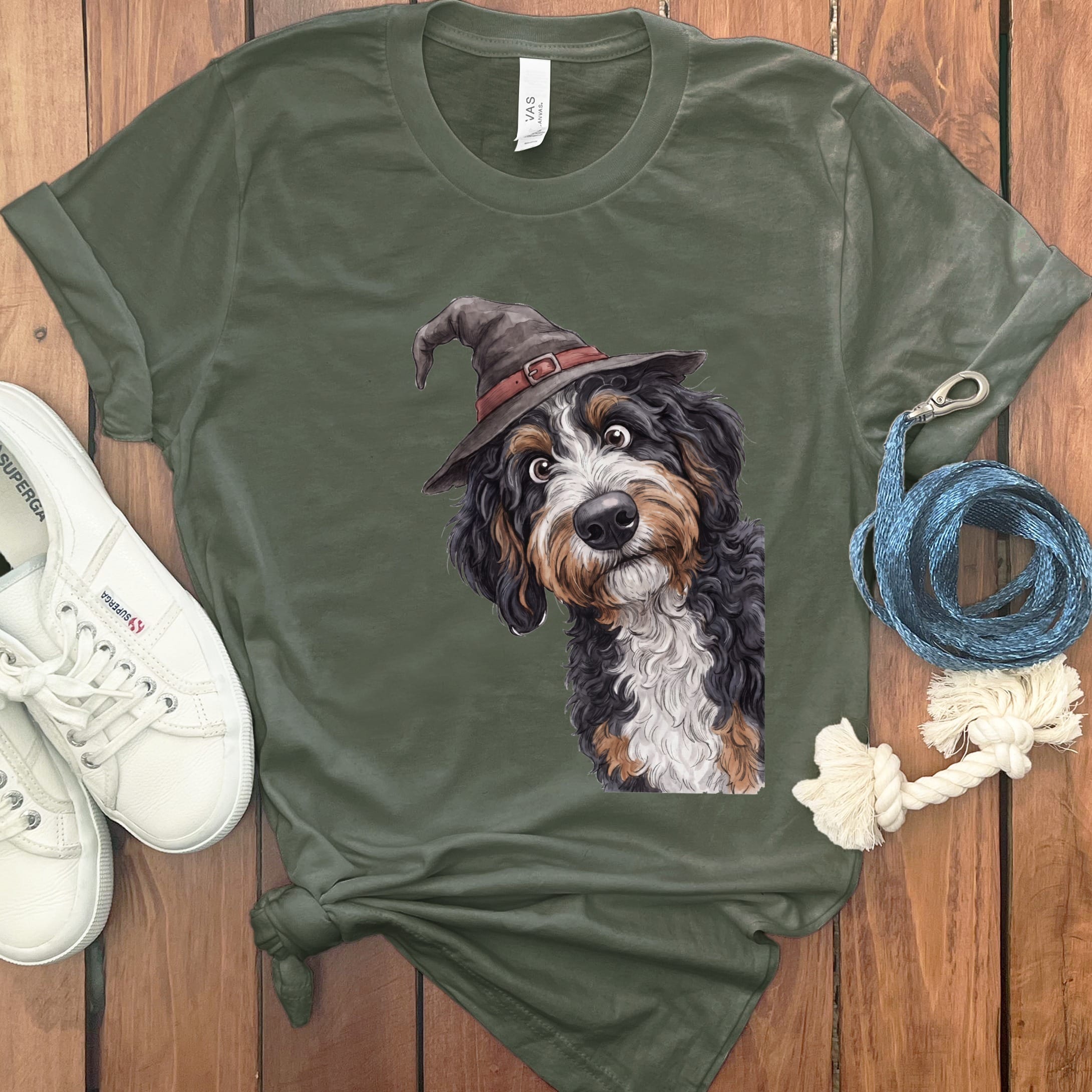 Peeking Witch Bernedoodle T-Shirt in Military Green / S by Puppy Jo