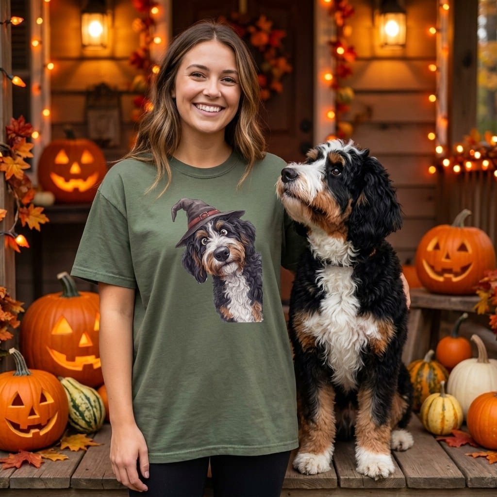 Peeking Witch Bernedoodle T-Shirt in by Puppy Jo