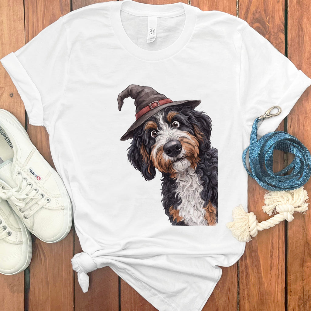 Peeking Witch Bernedoodle T-Shirt in White / S by Puppy Jo