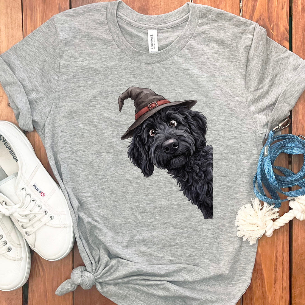Peeking Witch Black Goldendoodle T-Shirt in Athletic Heather / S by Puppy Jo