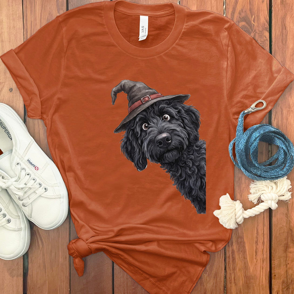 Peeking Witch Black Goldendoodle T-Shirt in Autumn / S by Puppy Jo