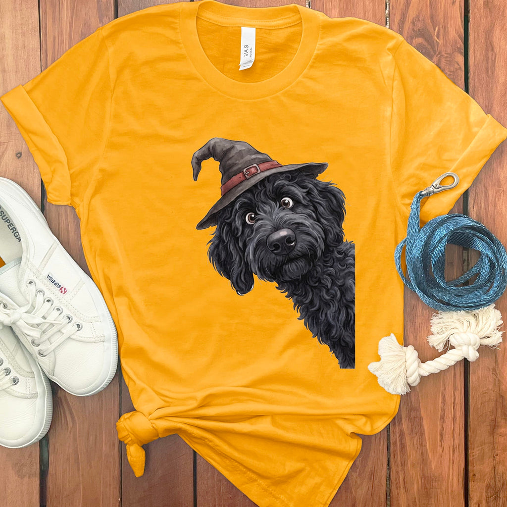 Peeking Witch Black Goldendoodle T-Shirt in Gold / S by Puppy Jo