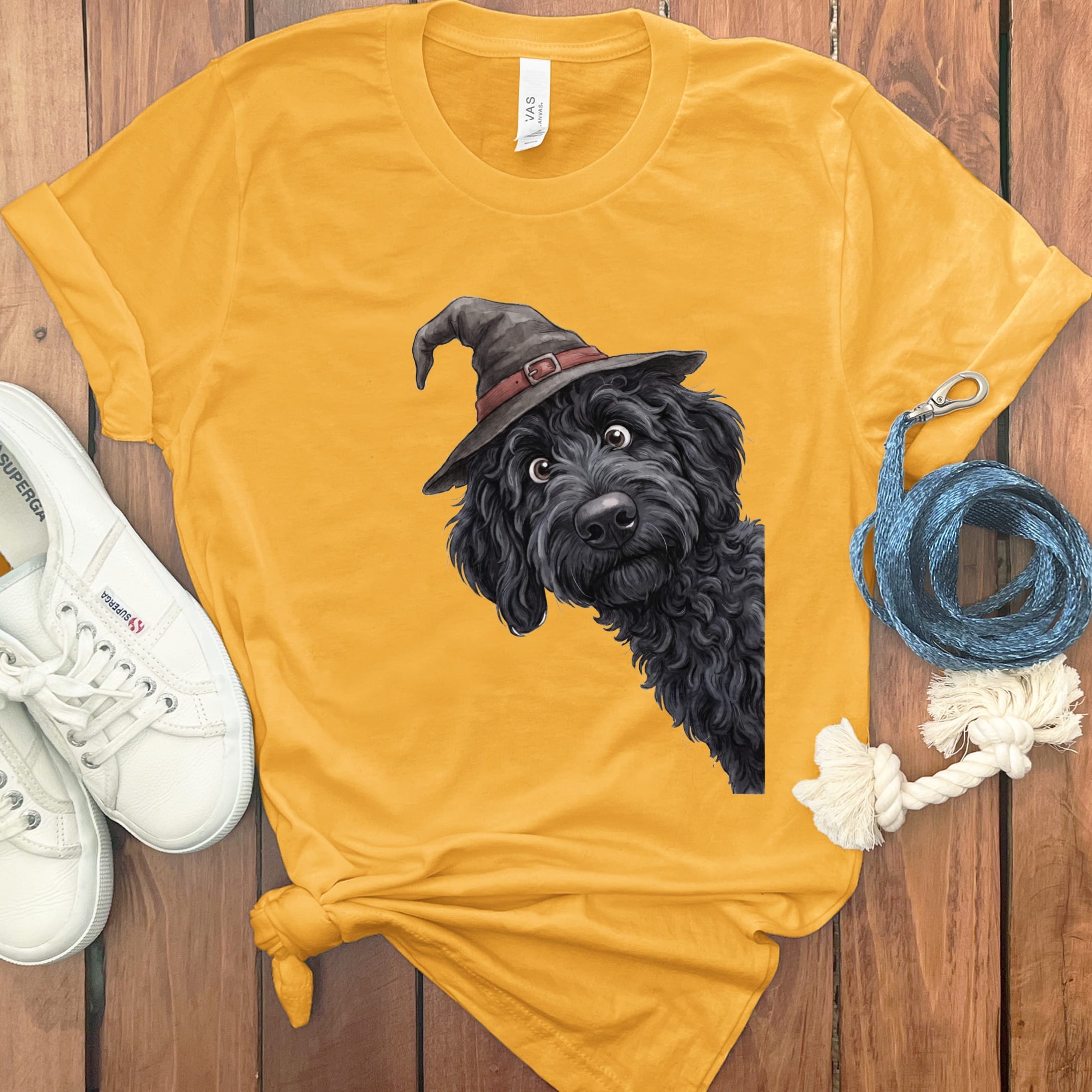 Peeking Witch Black Goldendoodle T-Shirt in Gold / S by Puppy Jo
