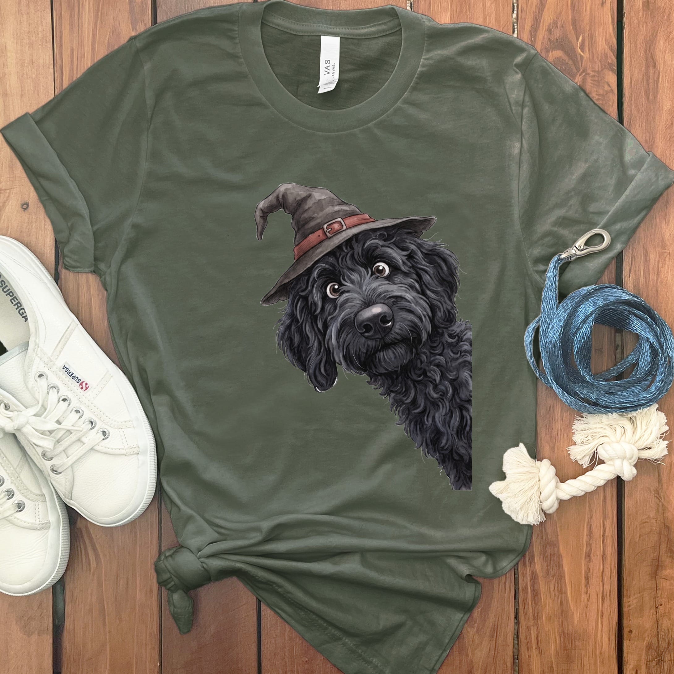 Peeking Witch Black Goldendoodle T-Shirt in Military Green / S by Puppy Jo
