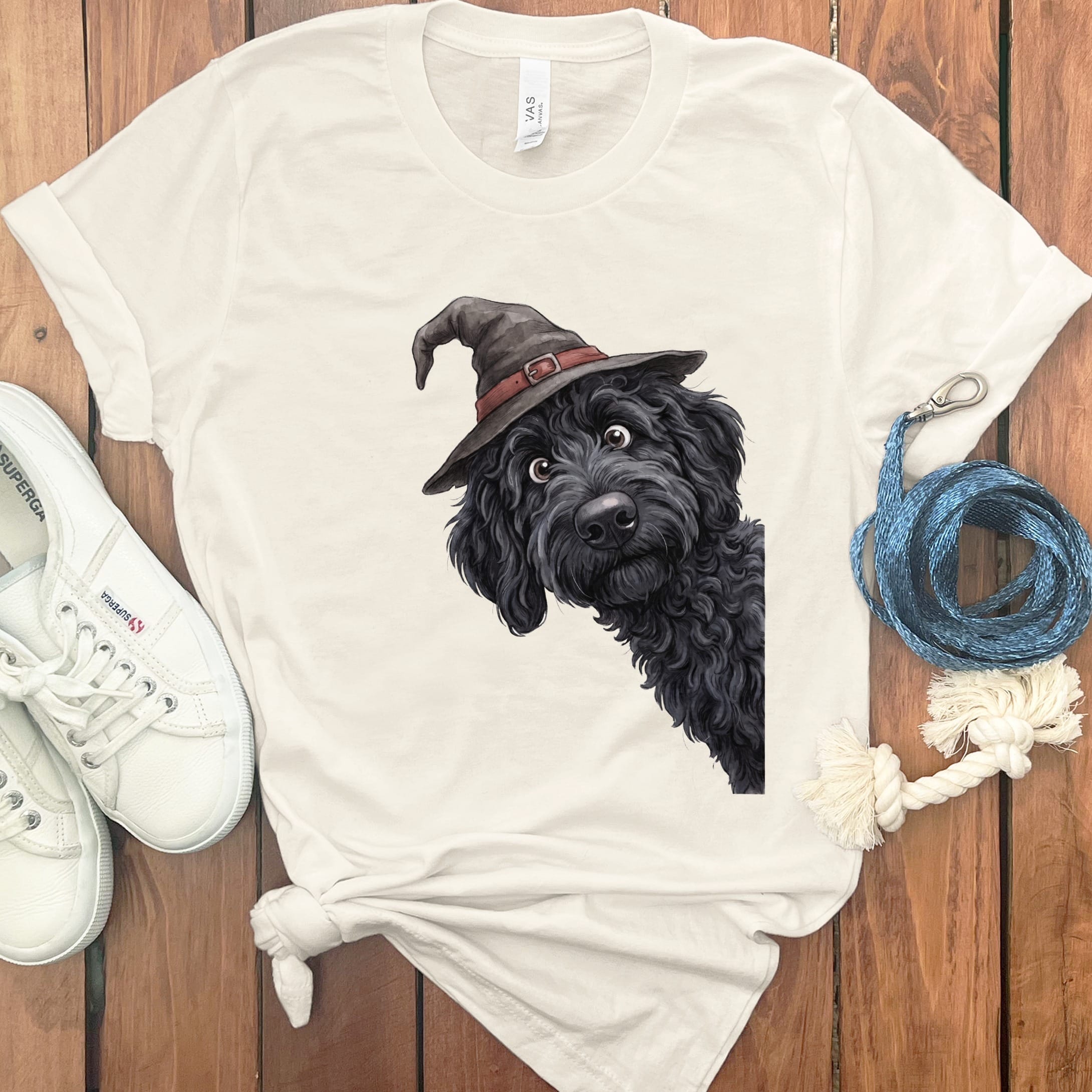 Peeking Witch Black Goldendoodle T-Shirt in Natural / S by Puppy Jo