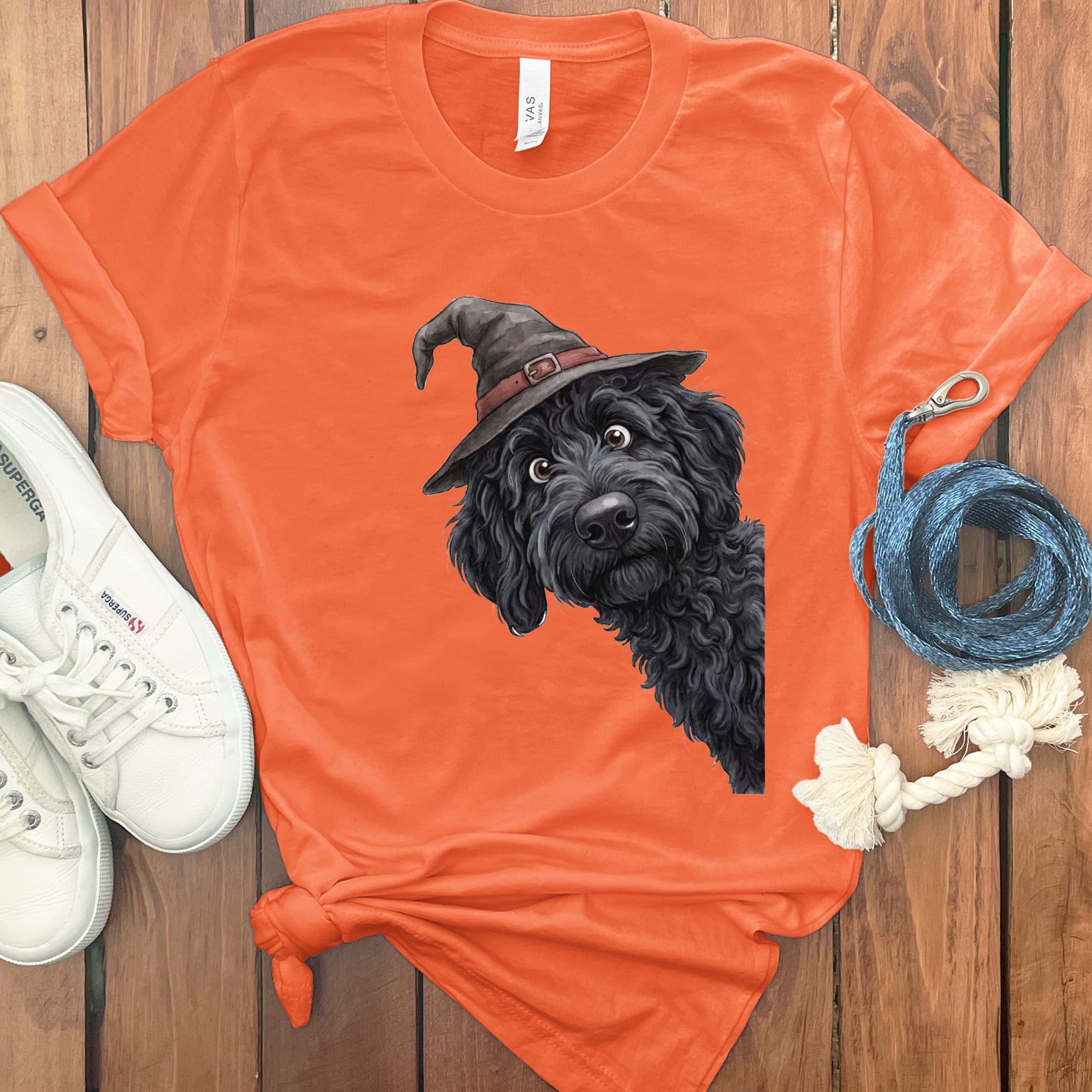 Peeking Witch Black Goldendoodle T-Shirt in Orange / S by Puppy Jo