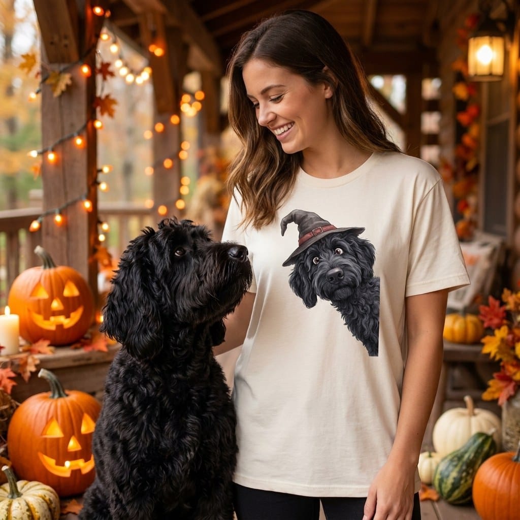 Peeking Witch Black Goldendoodle T-Shirt in by Puppy Jo