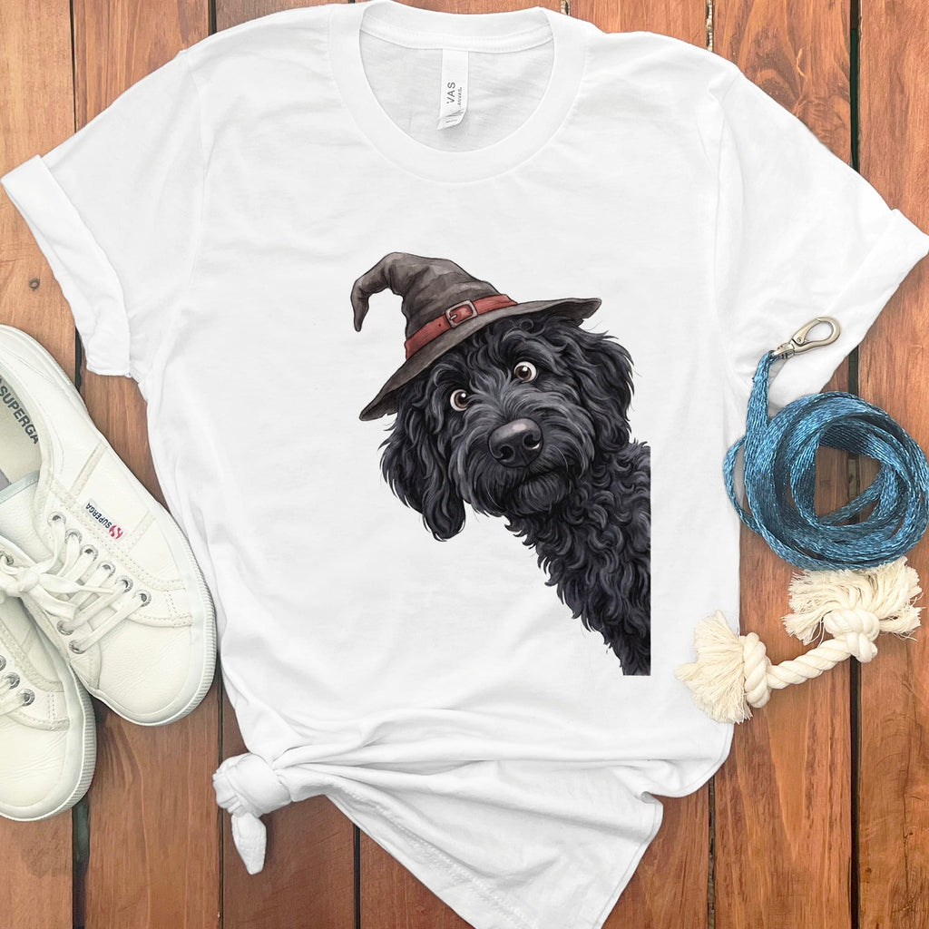 Peeking Witch Black Goldendoodle T-Shirt in White / S by Puppy Jo