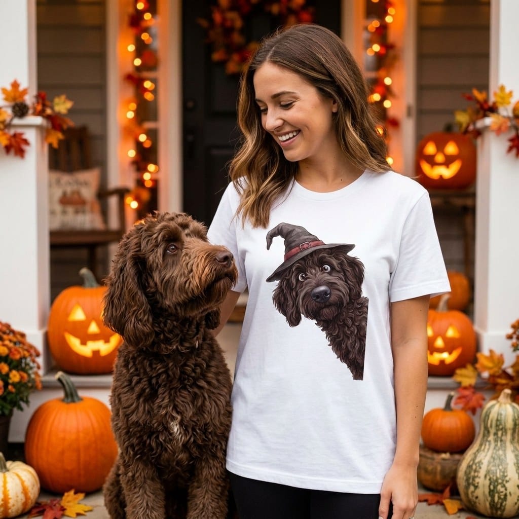 Peeking Witch Chocolate Goldendoodle T-Shirt in by Puppy Jo