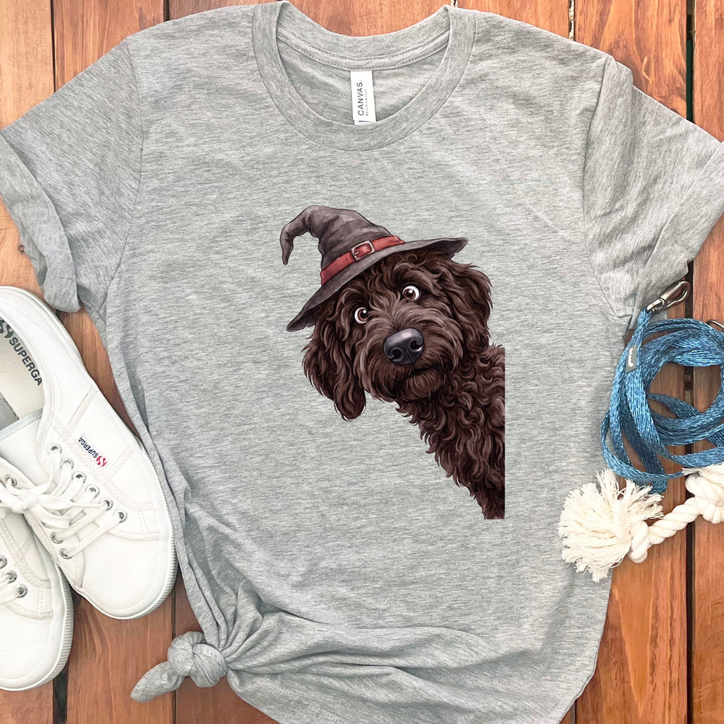 Peeking Witch Chocolate Goldendoodle T-Shirt in S / Athletic Heather by Puppy Jo