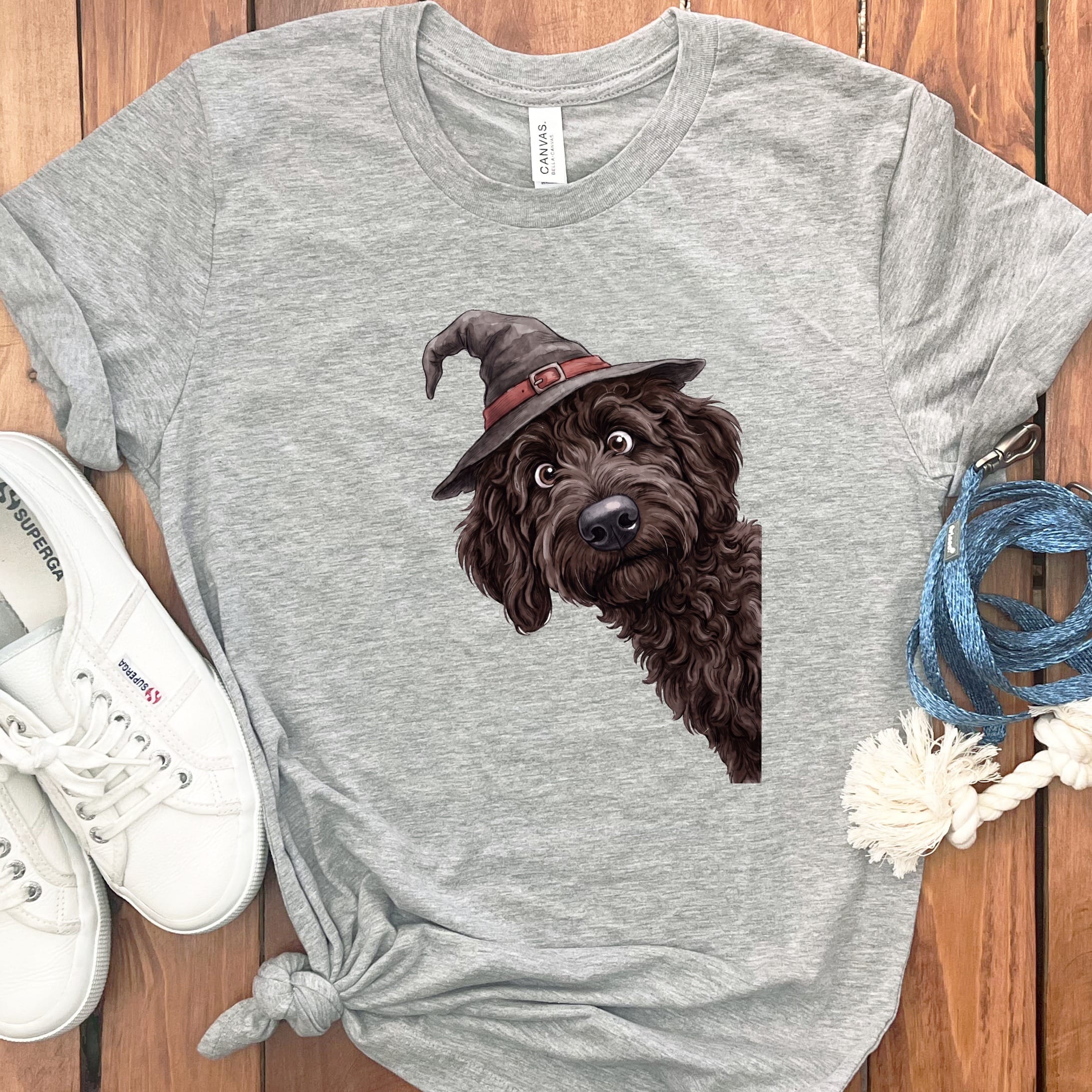 Peeking Witch Chocolate Goldendoodle T-Shirt in S / Athletic Heather by Puppy Jo