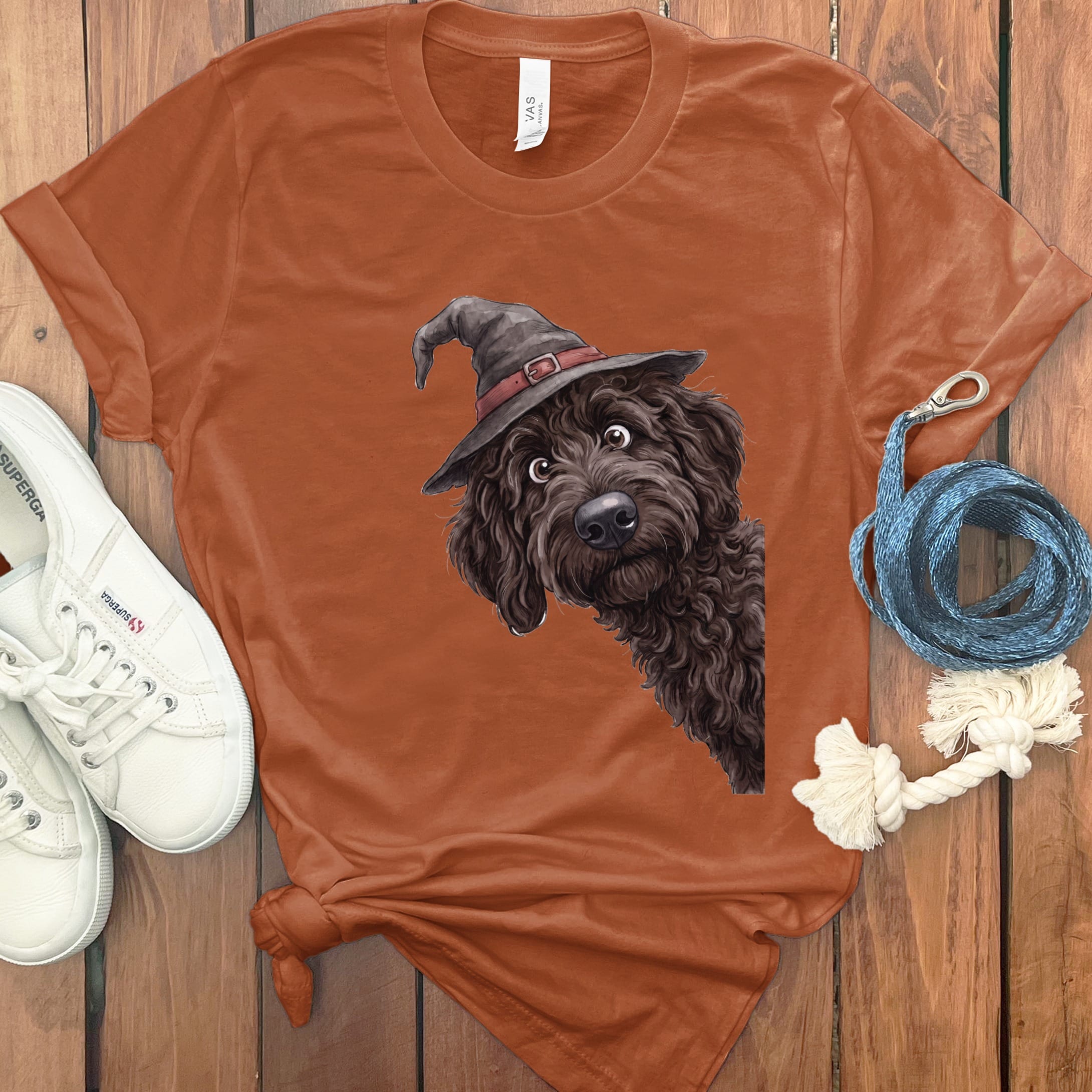 Peeking Witch Chocolate Goldendoodle T-Shirt in S / Autumn by Puppy Jo