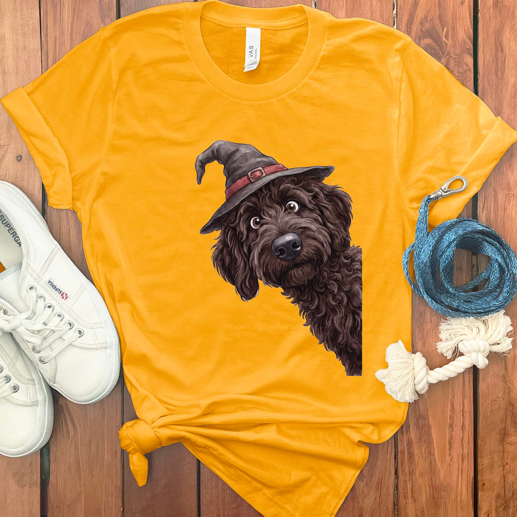 Peeking Witch Chocolate Goldendoodle T-Shirt in S / Gold by Puppy Jo