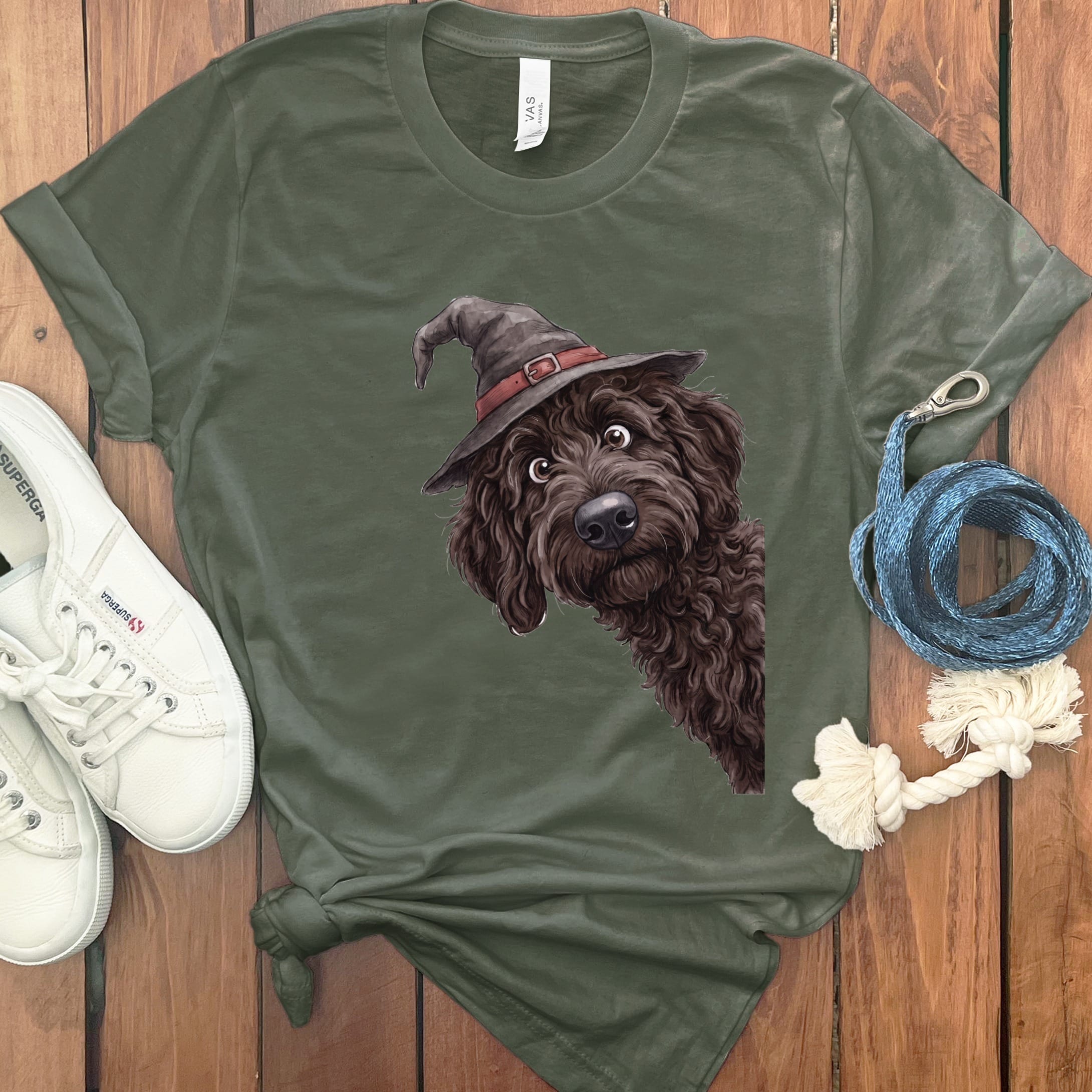 Peeking Witch Chocolate Goldendoodle T-Shirt in S / Military Green by Puppy Jo