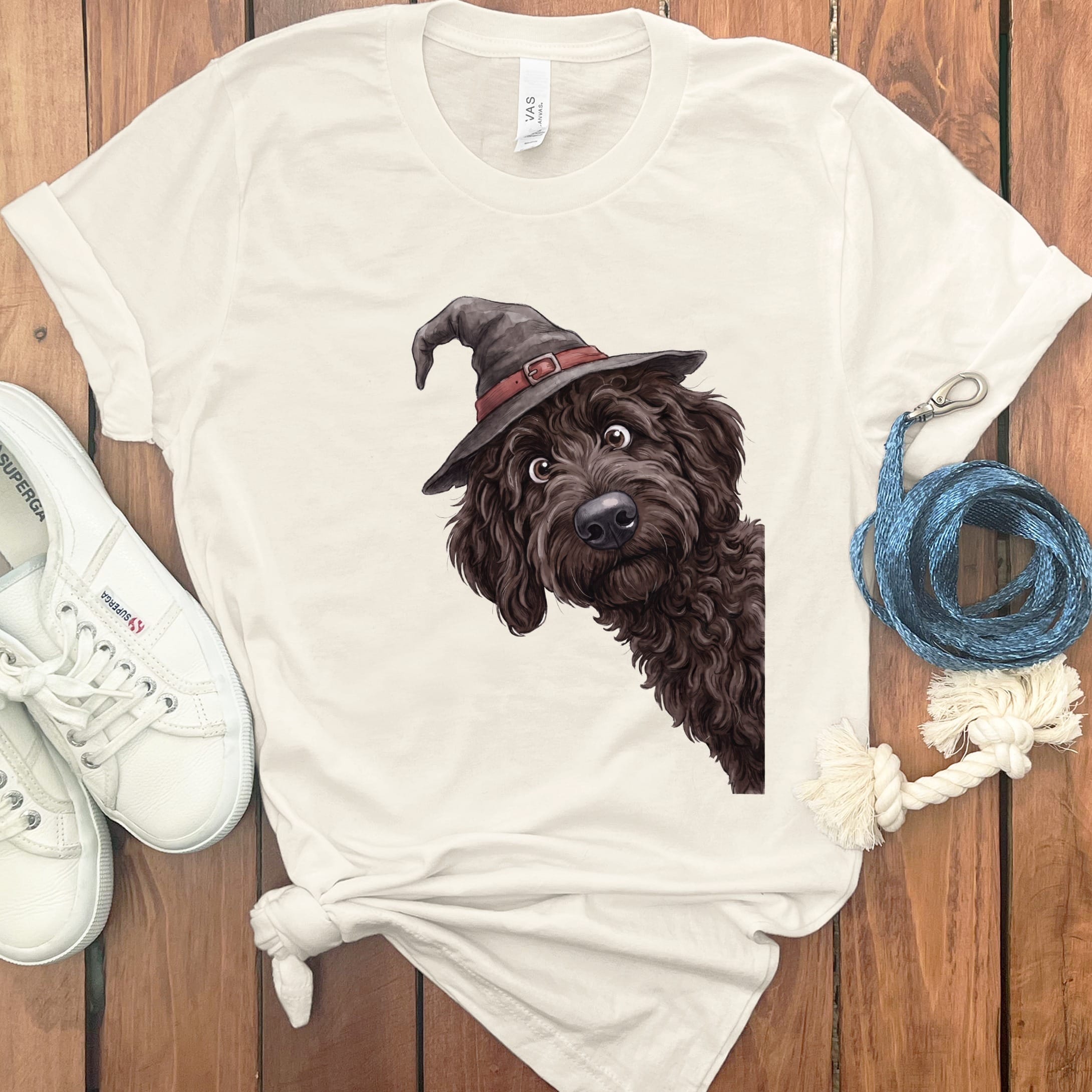 Peeking Witch Chocolate Goldendoodle T-Shirt in S / Natural by Puppy Jo