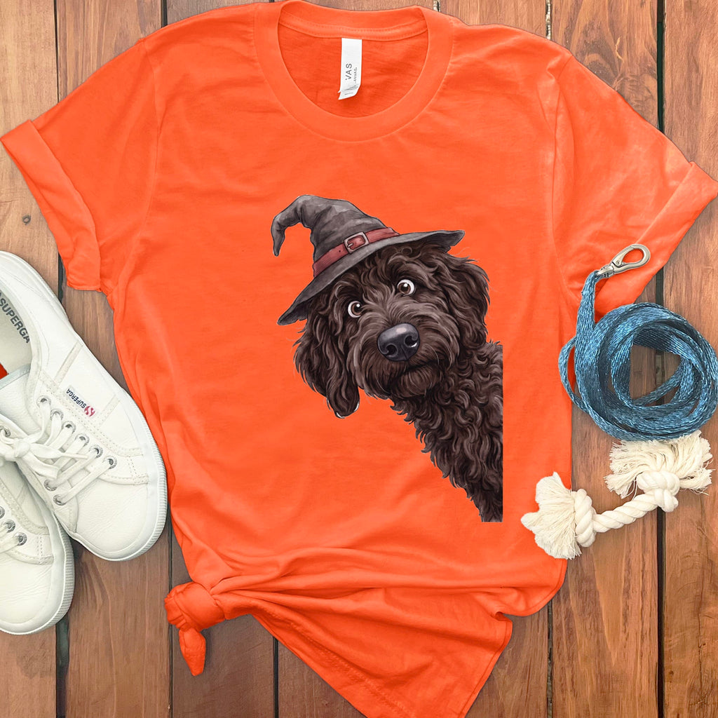 Peeking Witch Chocolate Goldendoodle T-Shirt in S / Orange by Puppy Jo