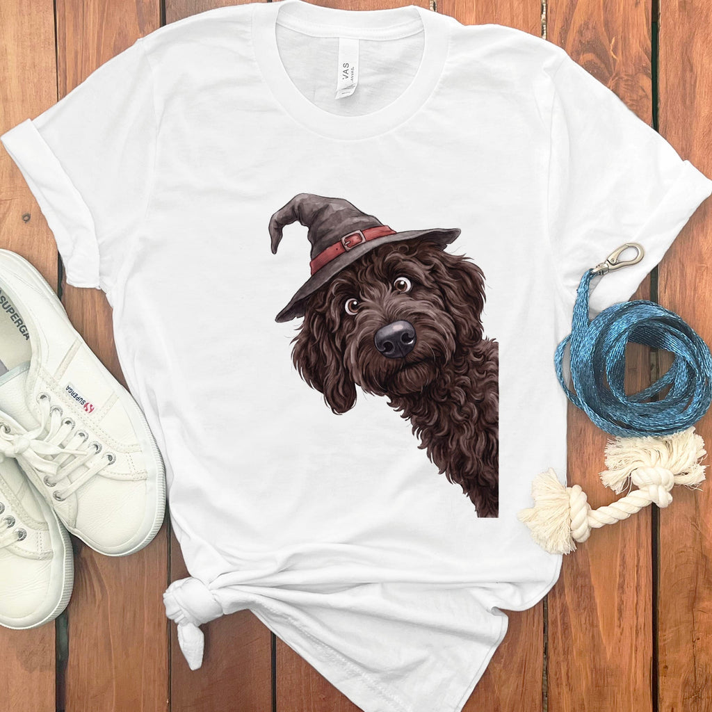 Peeking Witch Chocolate Goldendoodle T-Shirt in S / White by Puppy Jo