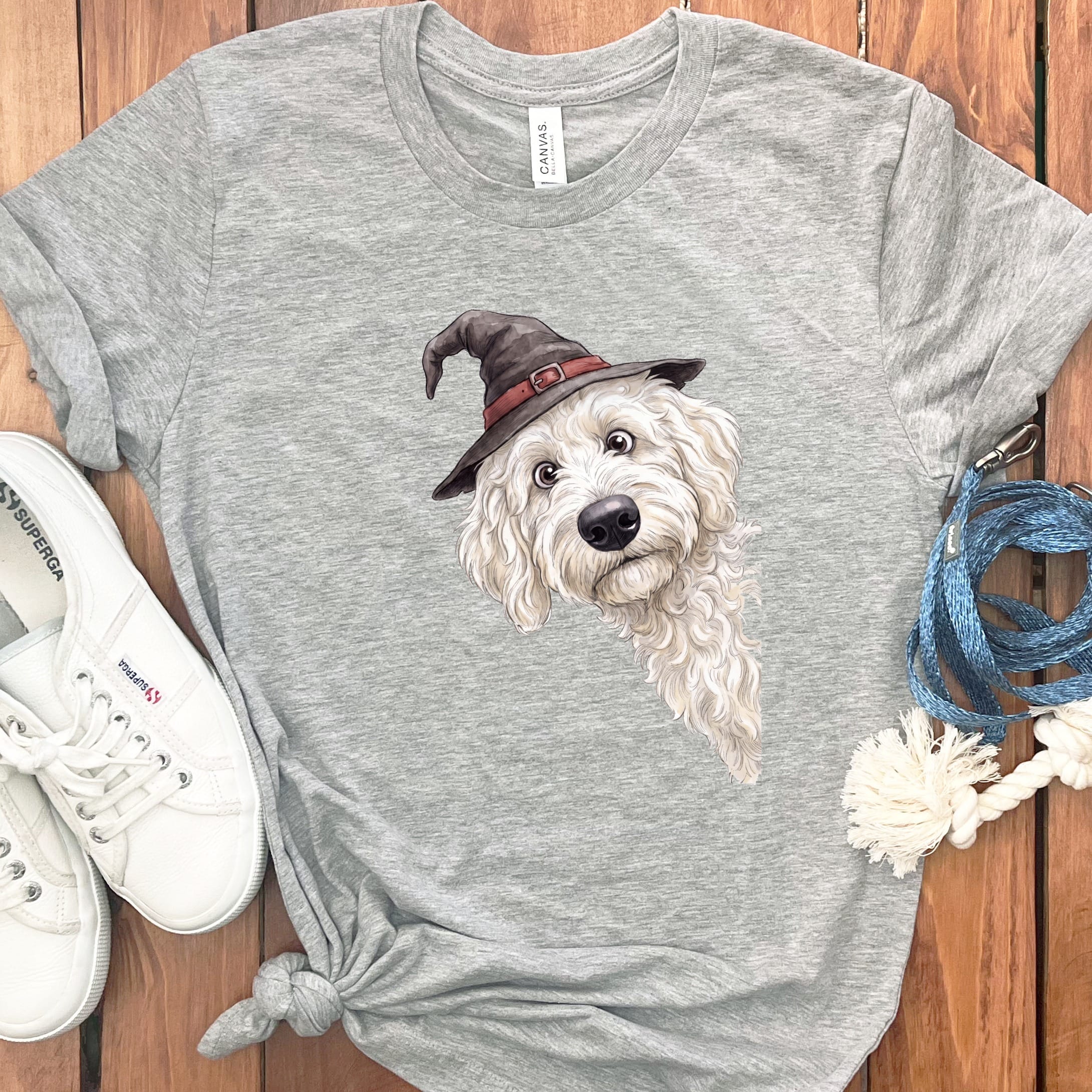 Peeking Witch Cream Goldendoodle T-Shirt in Athletic Heather / S by Puppy Jo