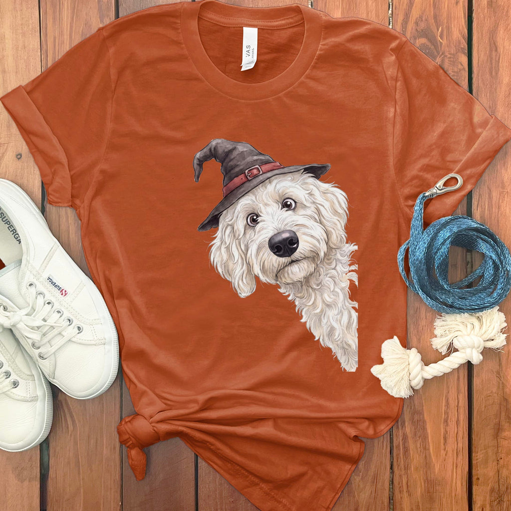 Peeking Witch Cream Goldendoodle T-Shirt in Autumn / S by Puppy Jo