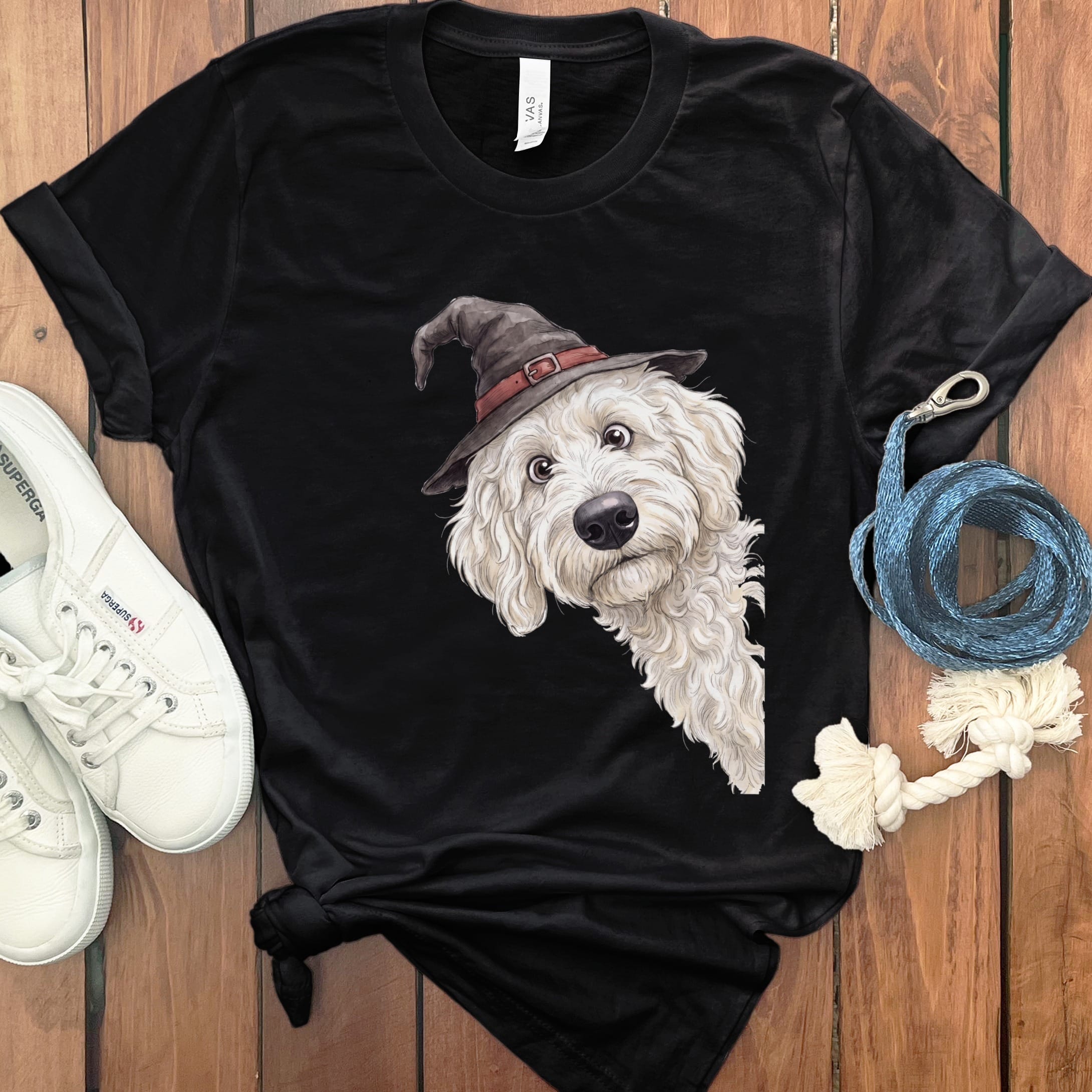Peeking Witch Cream Goldendoodle T-Shirt in Black / S by Puppy Jo