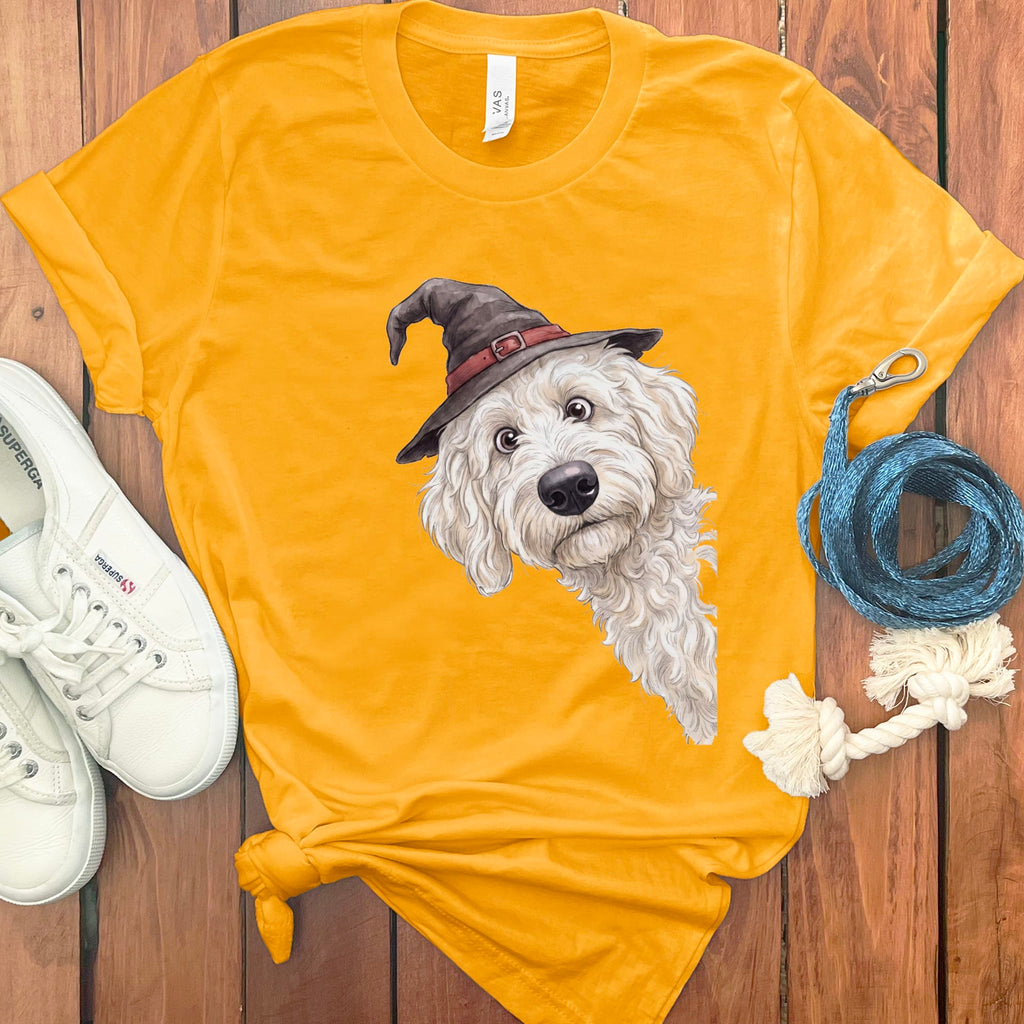 Peeking Witch Cream Goldendoodle T-Shirt in Gold / S by Puppy Jo