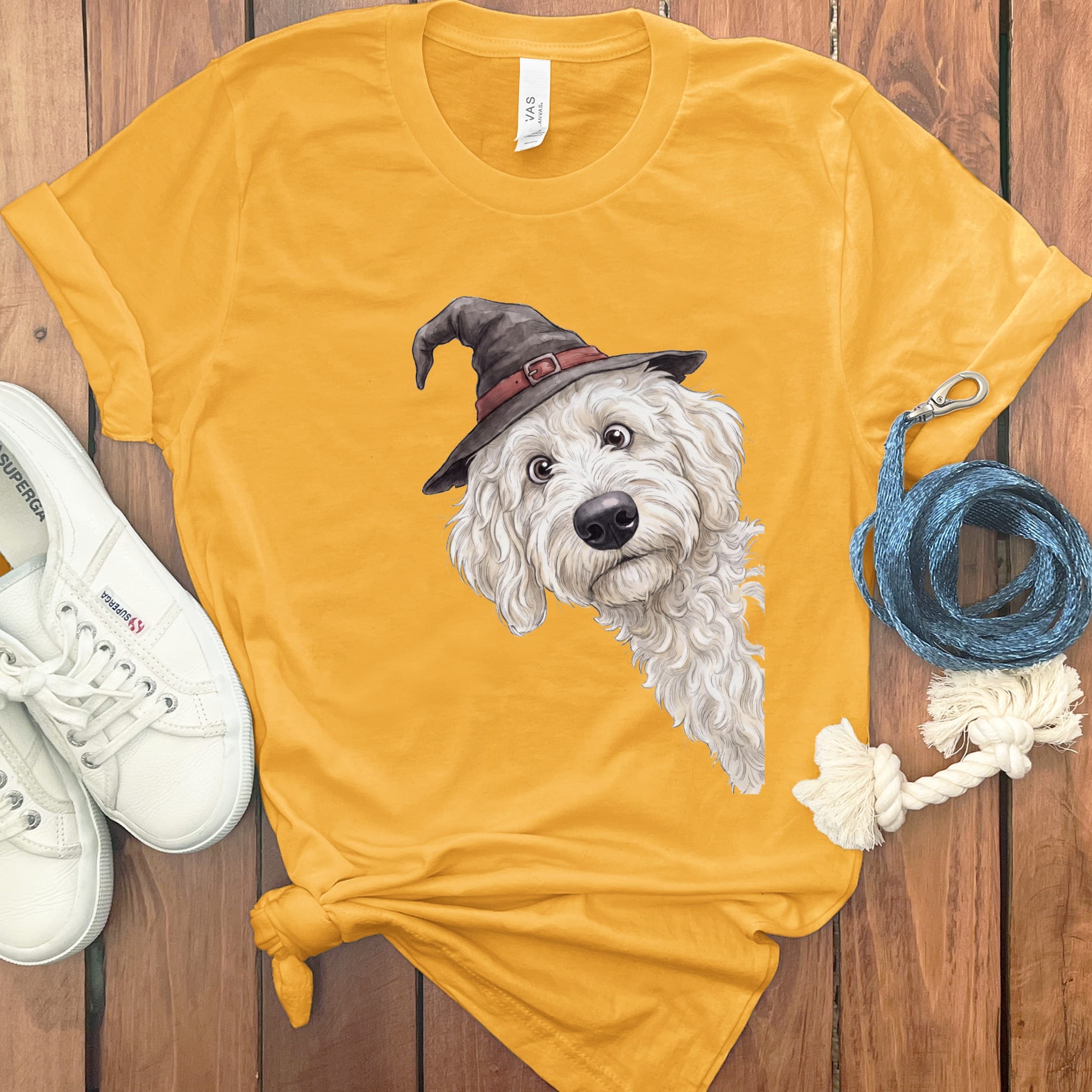 Peeking Witch Cream Goldendoodle T-Shirt in Gold / S by Puppy Jo