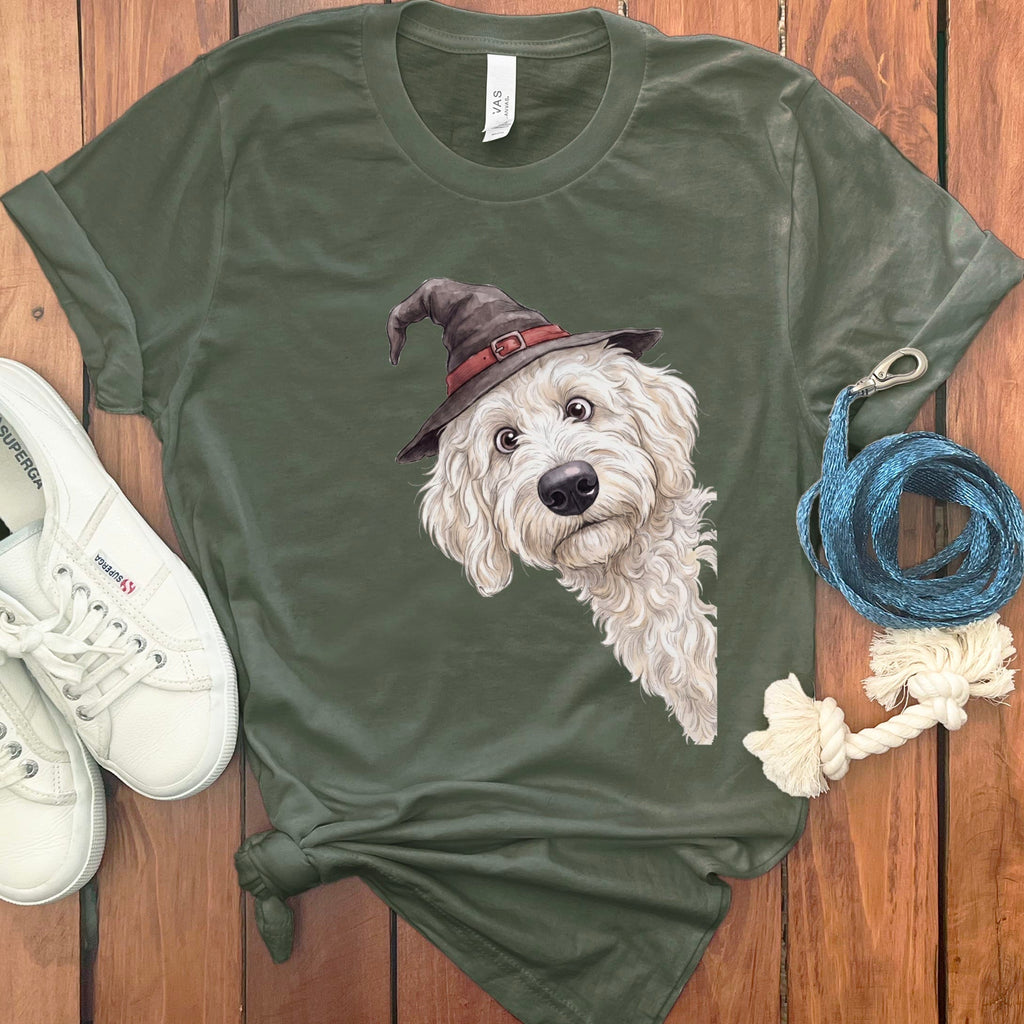 Peeking Witch Cream Goldendoodle T-Shirt in Military Green / S by Puppy Jo