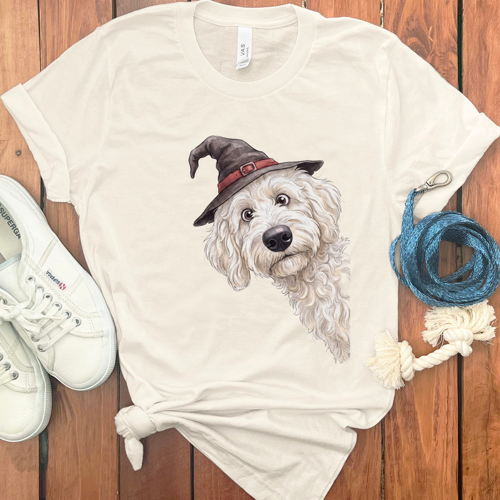 Peeking Witch Cream Goldendoodle T-Shirt in Natural / S by Puppy Jo