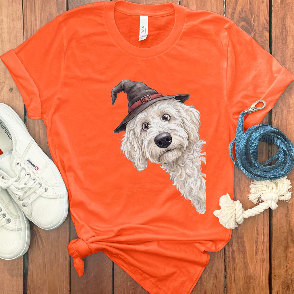 Peeking Witch Cream Goldendoodle T-Shirt in Orange / S by Puppy Jo