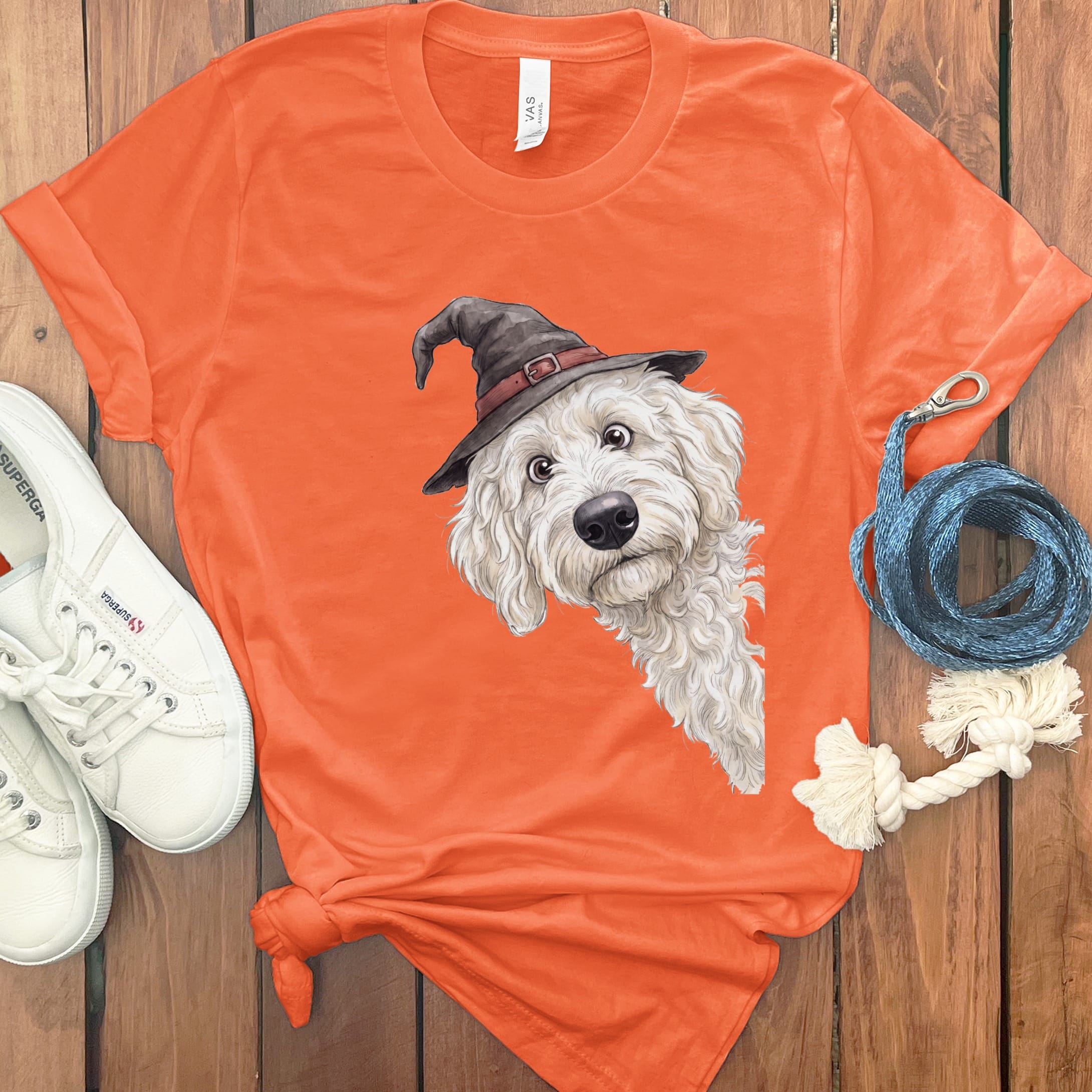Peeking Witch Cream Goldendoodle T-Shirt in Orange / S by Puppy Jo