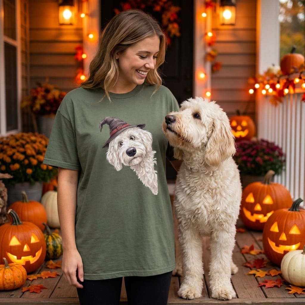 Peeking Witch Cream Goldendoodle T-Shirt in by Puppy Jo