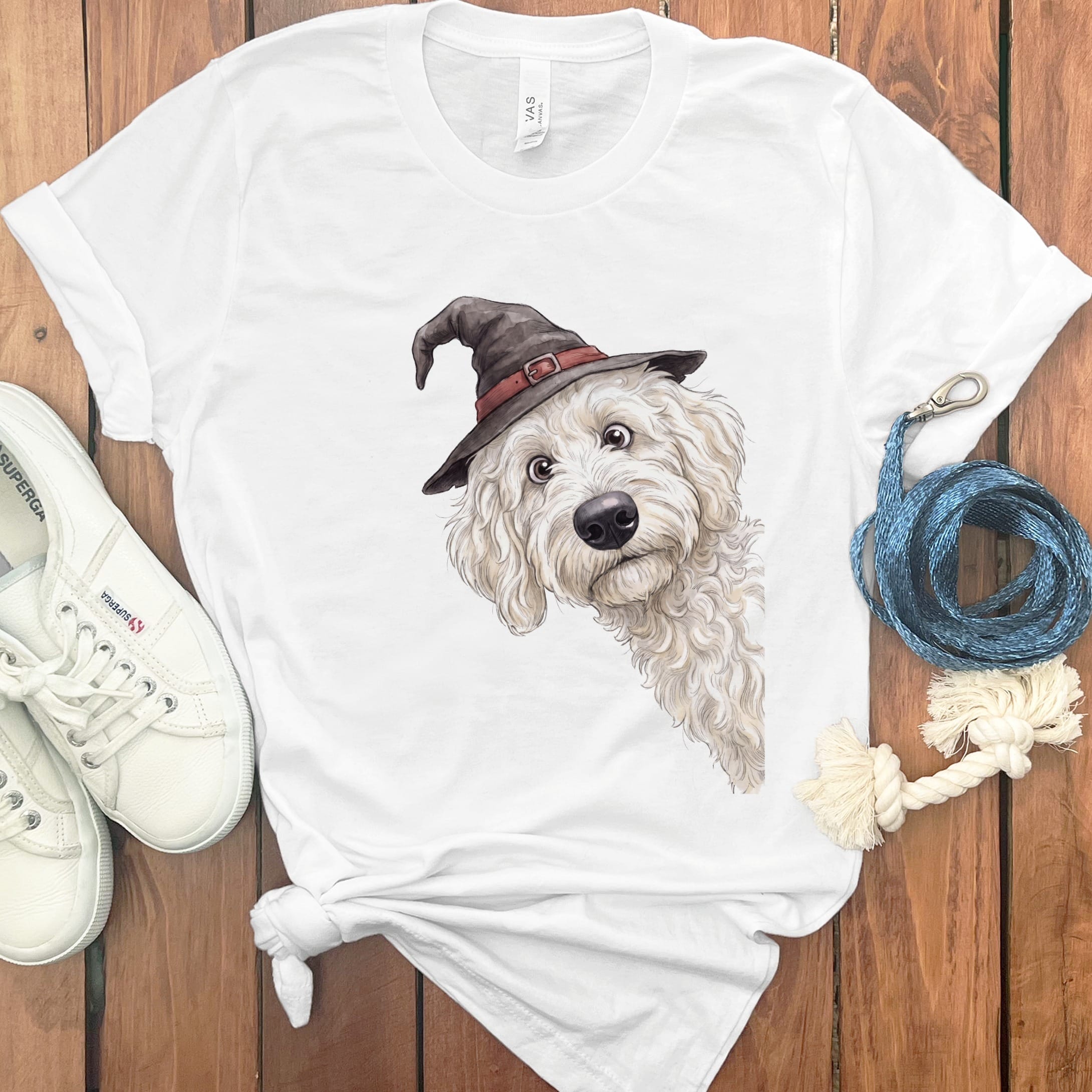 Peeking Witch Cream Goldendoodle T-Shirt in White / S by Puppy Jo