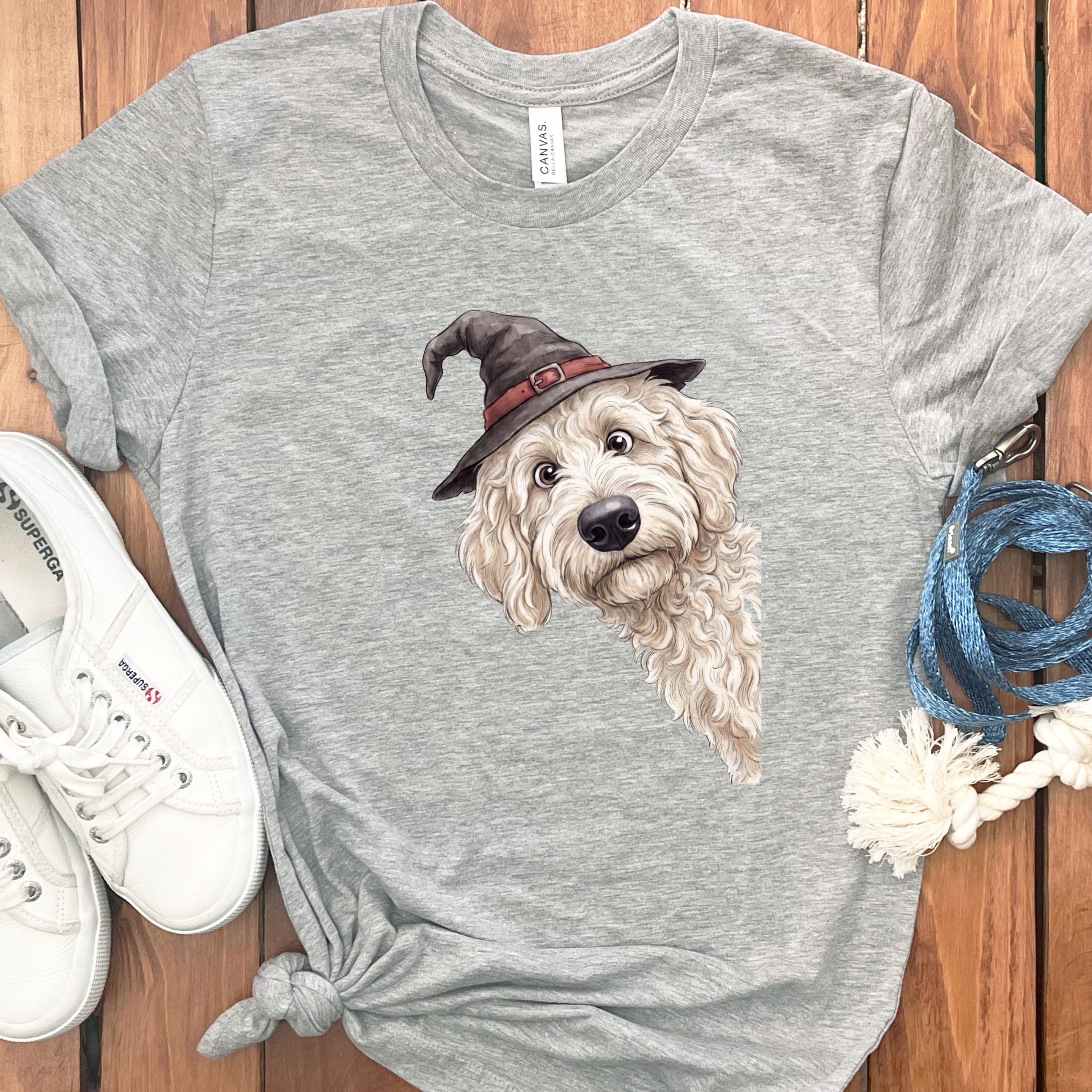 Peeking Witch Maltipoo T-Shirt in Athletic Heather / S by Puppy Jo