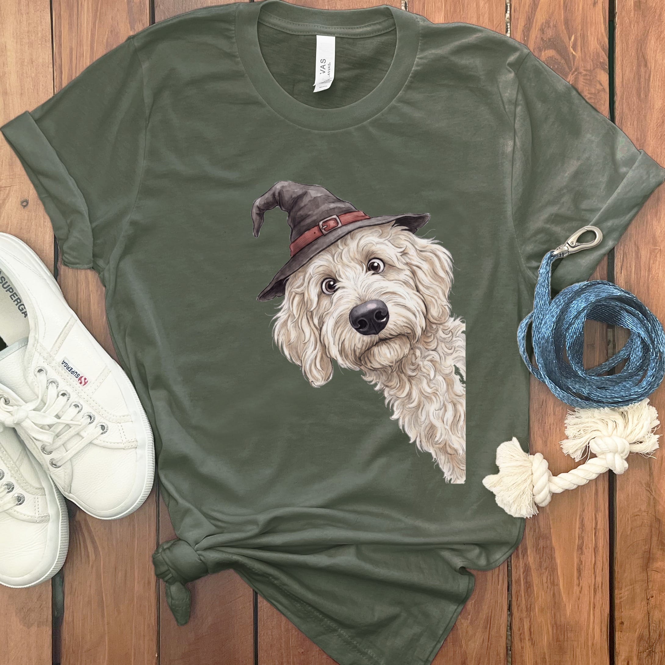 Peeking Witch Maltipoo T-Shirt in Military Green / S by Puppy Jo