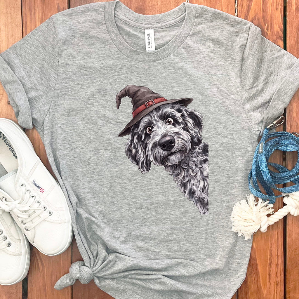 Peeking Witch Merle Goldendoodle T-Shirt in Athletic Heather / S by Puppy Jo