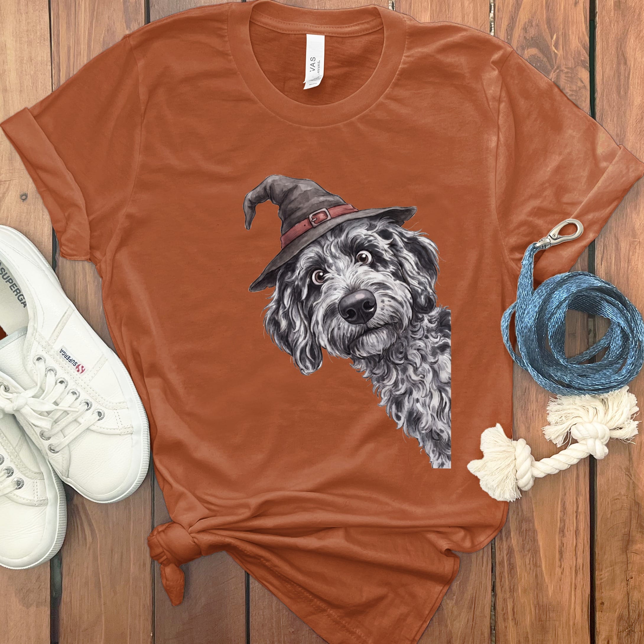 Peeking Witch Merle Goldendoodle T-Shirt in Autumn / S by Puppy Jo