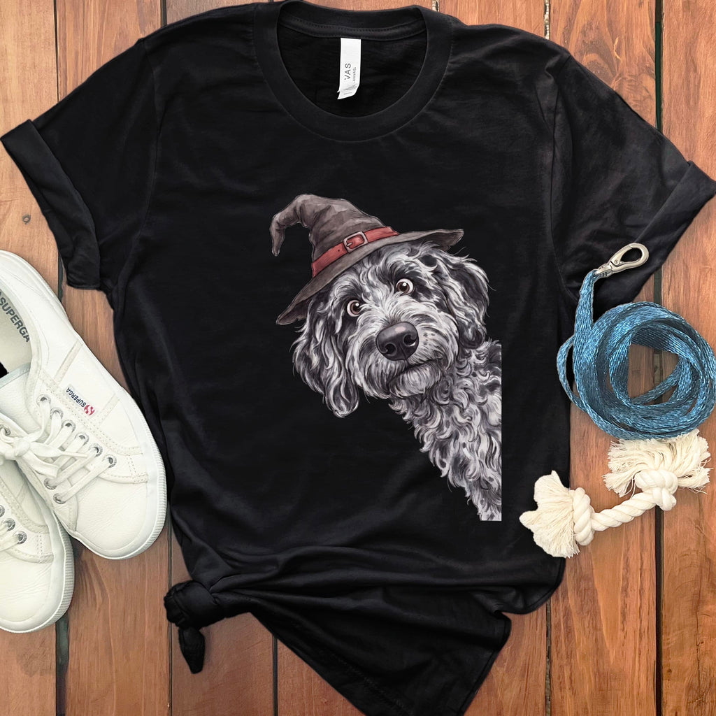 Peeking Witch Merle Goldendoodle T-Shirt in Black / S by Puppy Jo