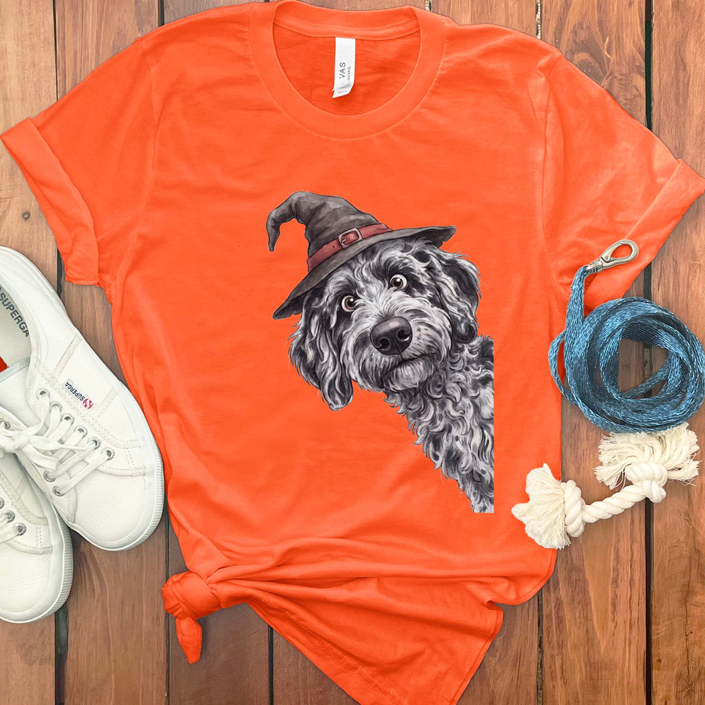 Peeking Witch Merle Goldendoodle T-Shirt in Orange / S by Puppy Jo