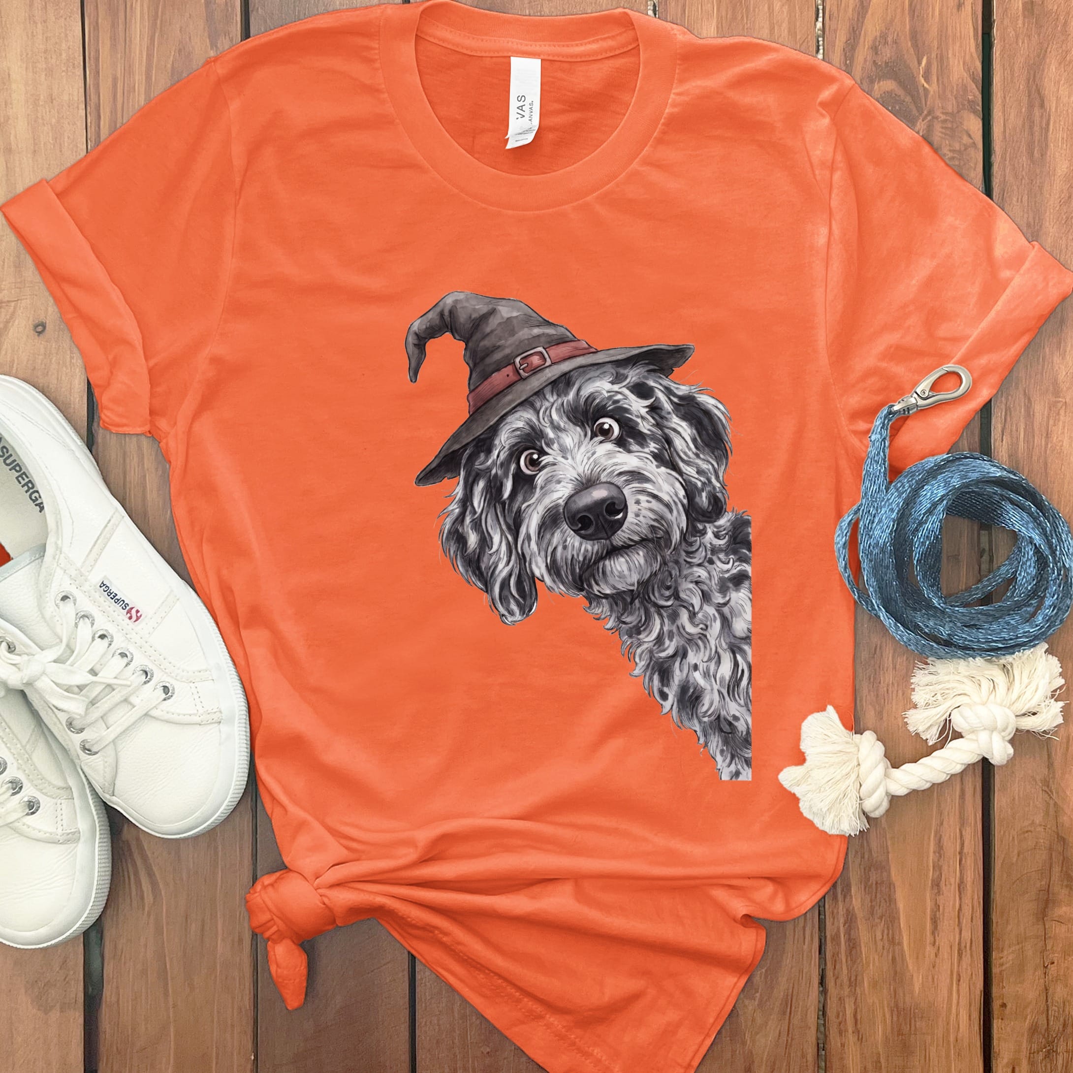 Peeking Witch Merle Goldendoodle T-Shirt in Orange / S by Puppy Jo