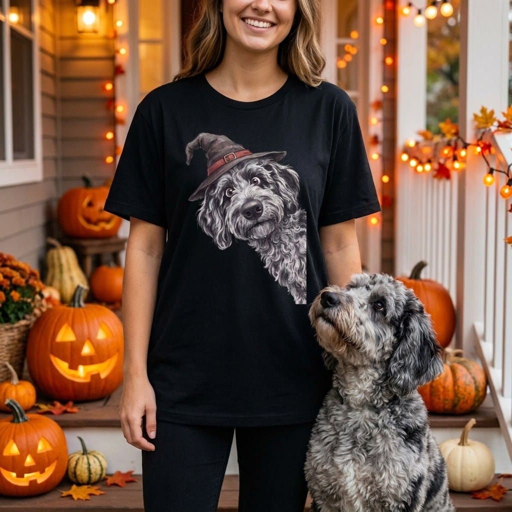 Peeking Witch Merle Goldendoodle T-Shirt in by Puppy Jo