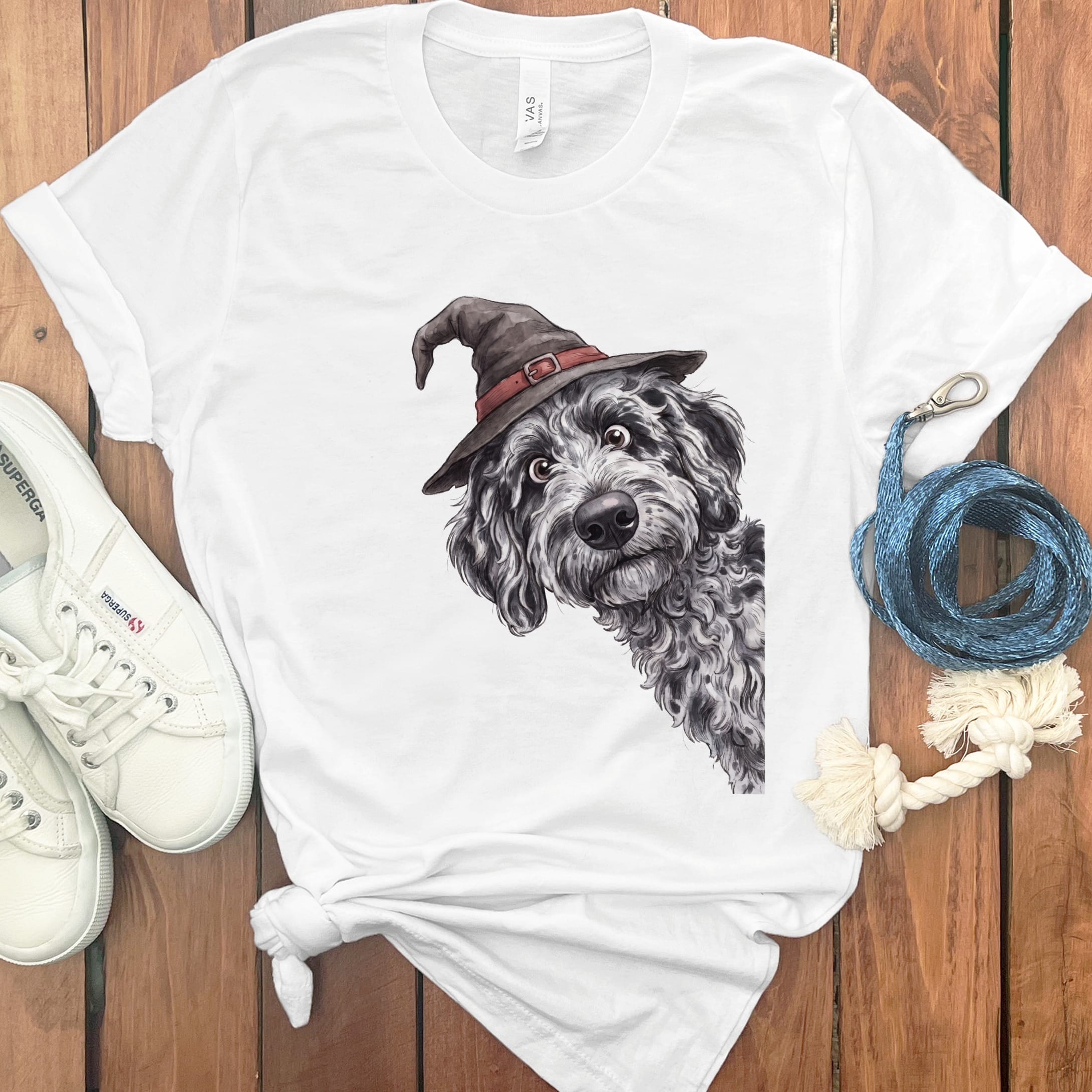 Peeking Witch Merle Goldendoodle T-Shirt in White / S by Puppy Jo
