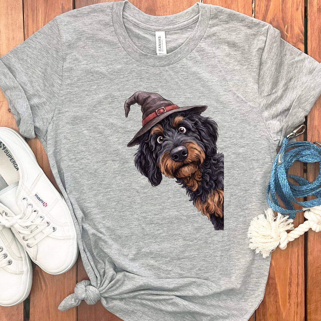 Peeking Witch Phantom Goldendoodle T-Shirt in Athletic Heather / S by Puppy Jo