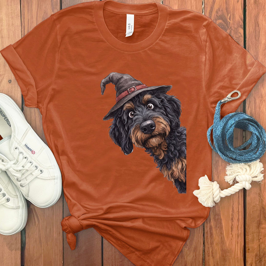 Peeking Witch Phantom Goldendoodle T-Shirt in Autumn / S by Puppy Jo