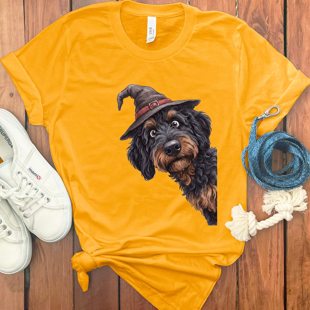 Peeking Witch Phantom Goldendoodle T-Shirt in Gold / S by Puppy Jo
